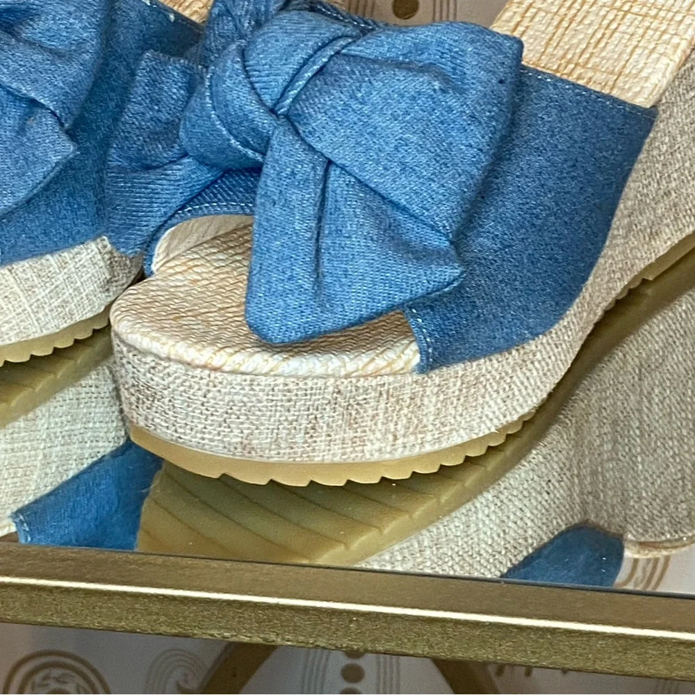 Espadrille Wedge Slide Sandals | Denim Bow | Size 9